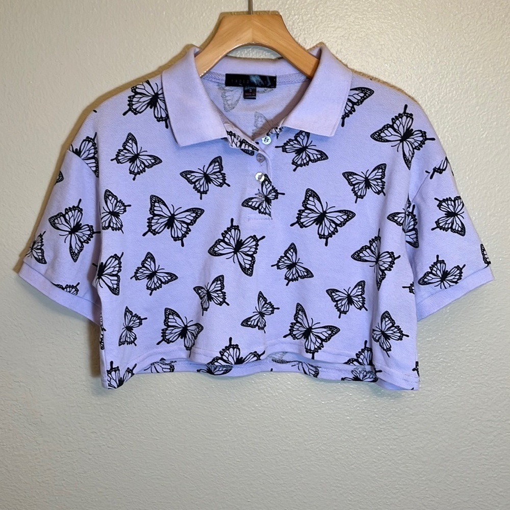*3/$15* FADED Rose Butterfly Crop Polo Shirt